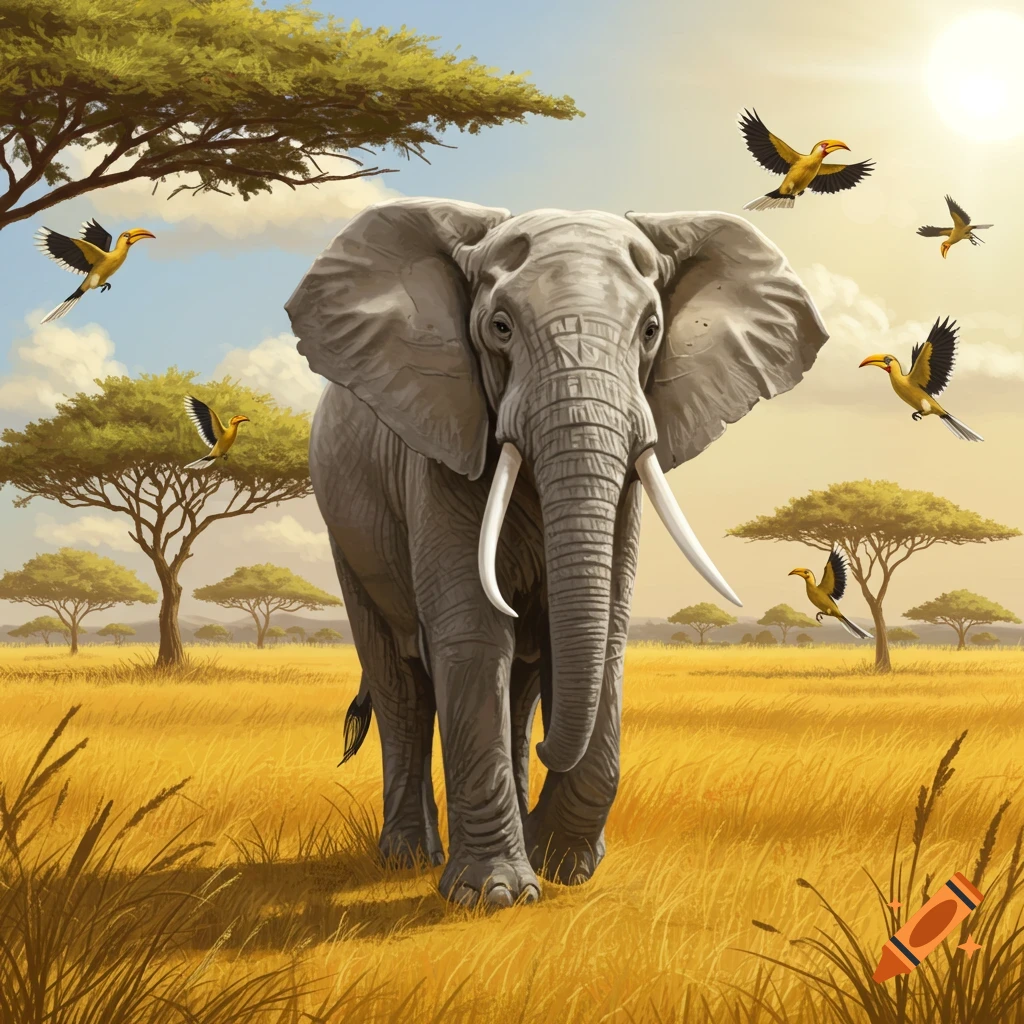 An elephant walking in a savanna with birds flying around it under a sunny sky.