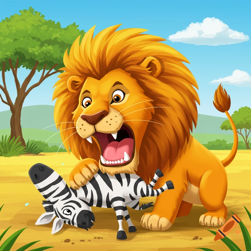 Cartoon lion with mouth open grabbing a zebra in a savanna.