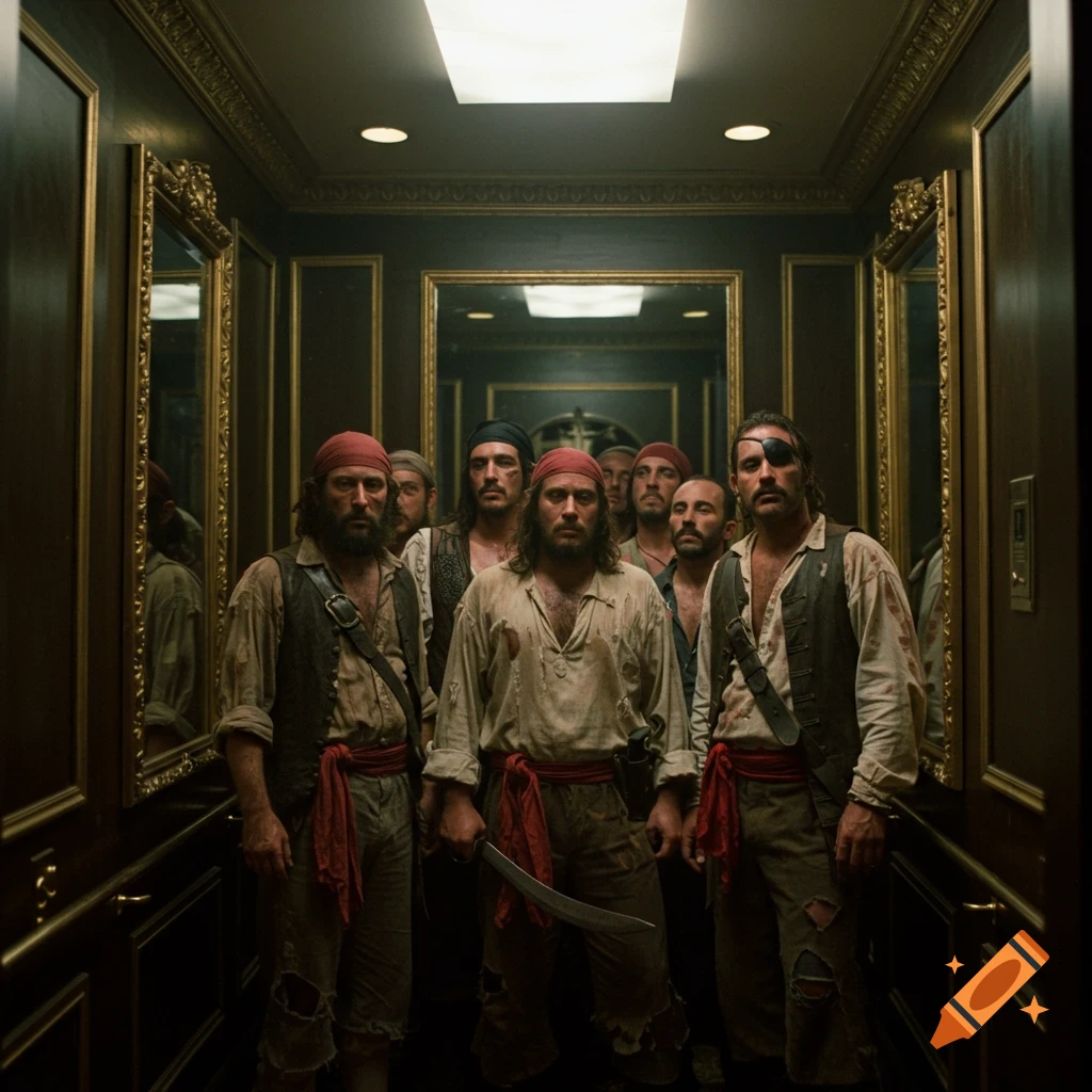 A group of pirates waits in a fancy hotel elevator, like a movie scene.