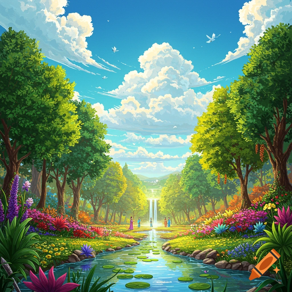 Anime style landscape, jungle, waterfall, flowers, sunset