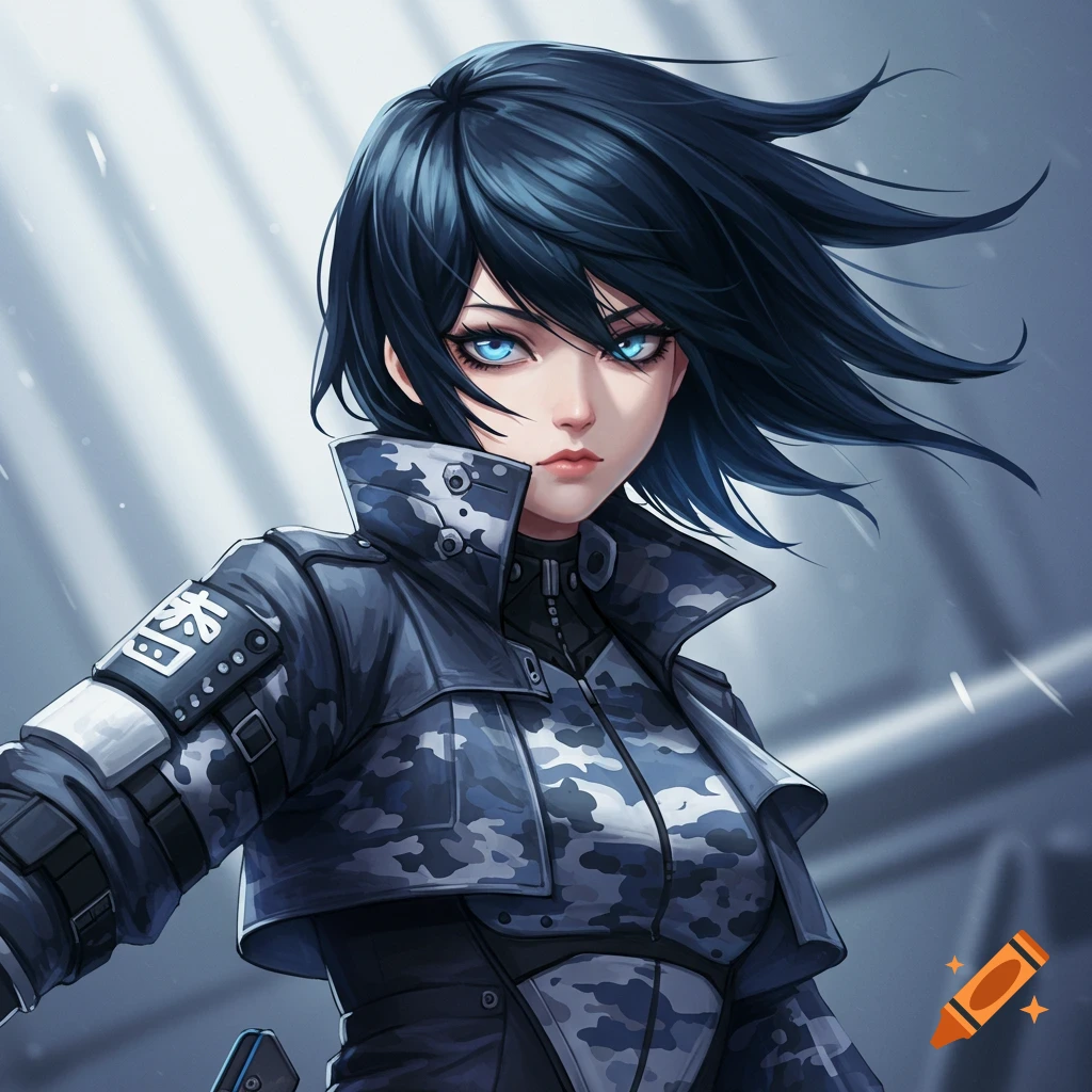 Anime portrait of a young woman with blue eyes in a camo dieselpunk jacket.