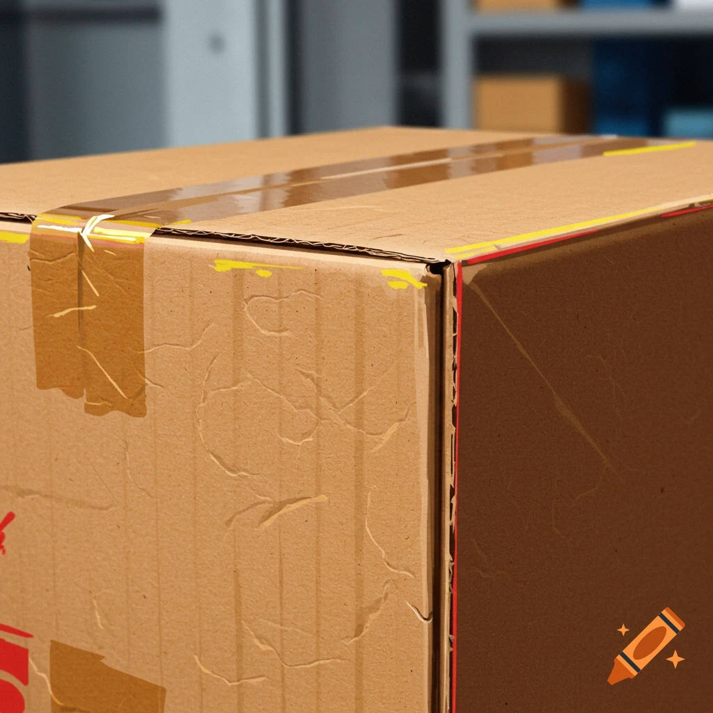 A close-up of a taped cardboard box.