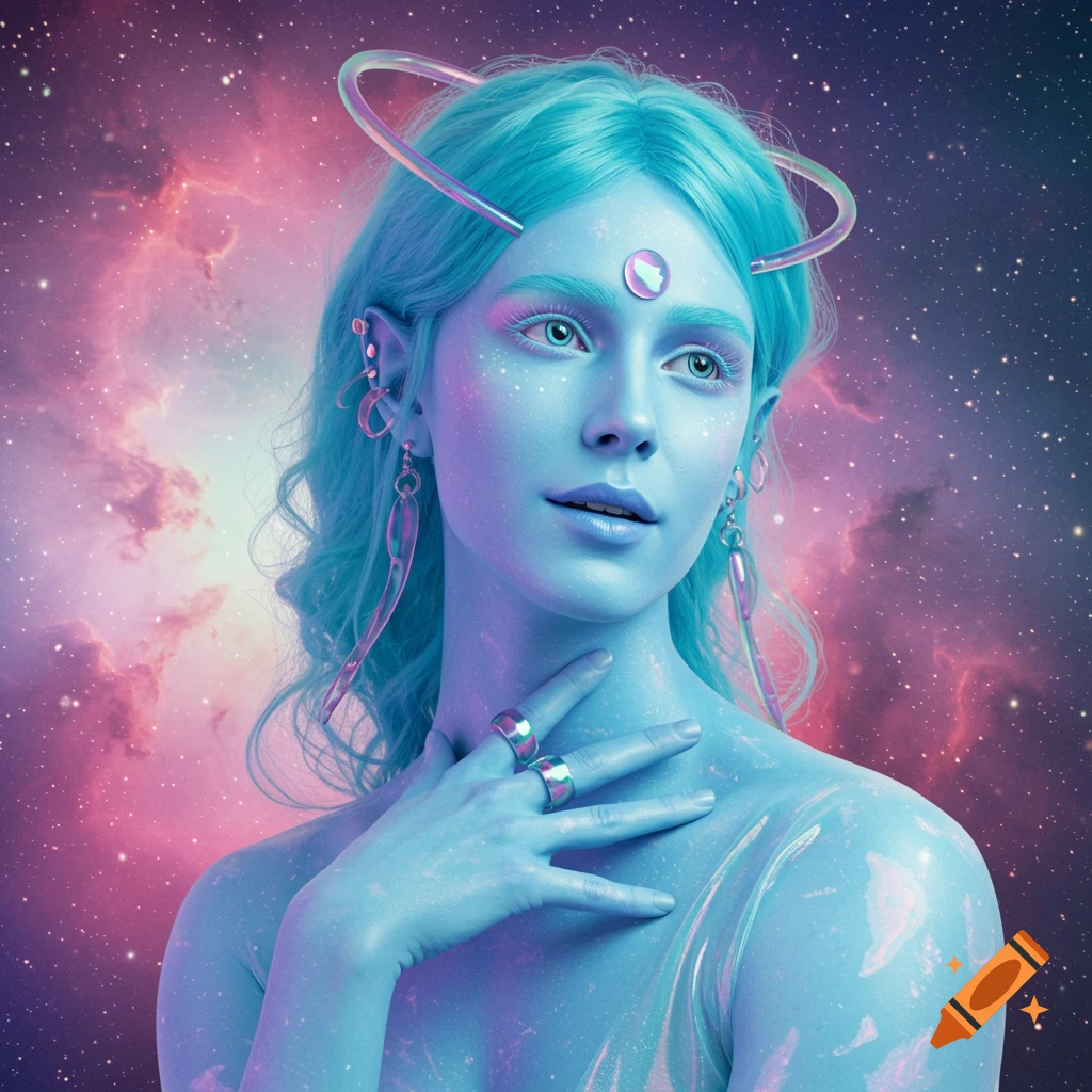 A blue-skinned alien person with turquoise hair and clear futuristic jewelry stands against a pink and purple nebula.