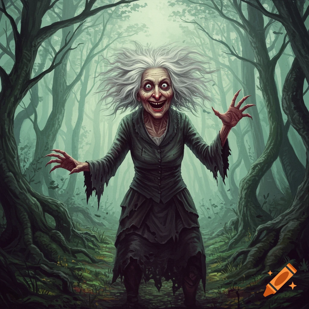 A scary old woman with wild hair and outstretched hands grinning in a misty forest.