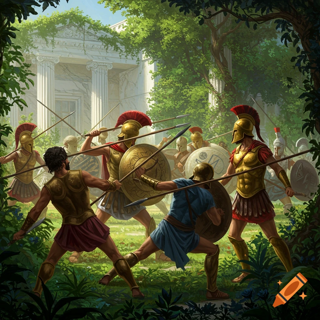 Greek warriors fighting in front of an ancient temple ruin.