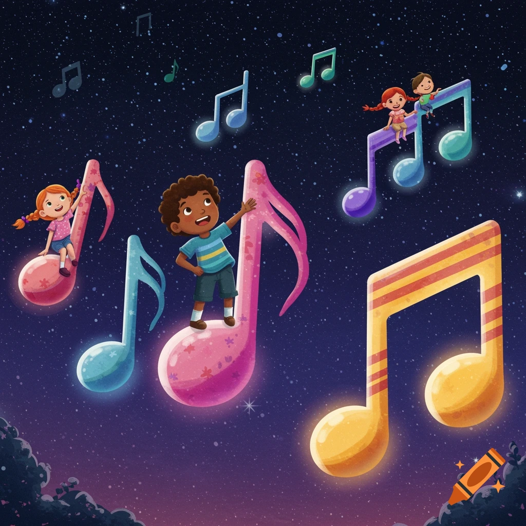 Children ride colorful musical notes in a starry night sky.