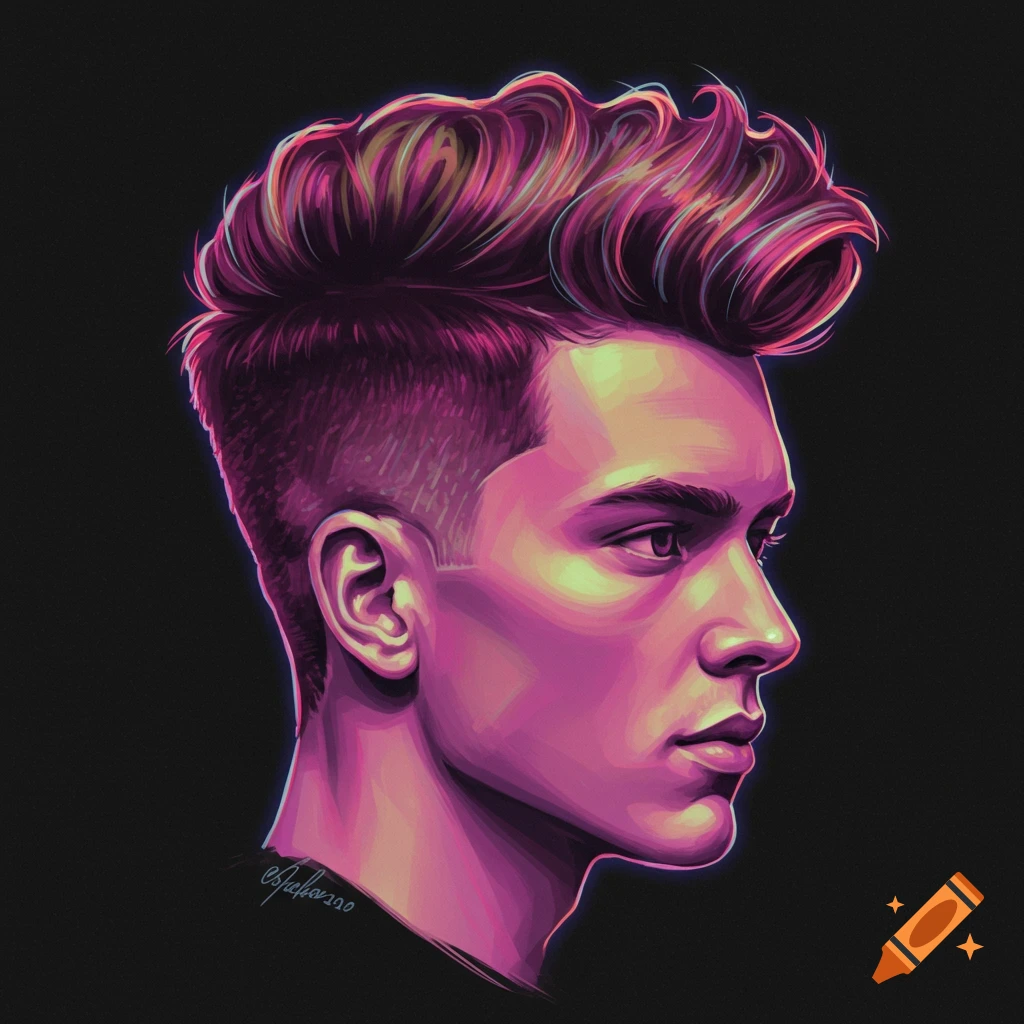 Stylized digital portrait of a young man in pink and purple light, showing a quiff hairstyle with a fade haircut.