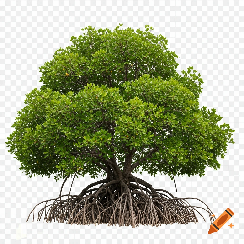 Single mangrove tree with exposed roots on a transparent background