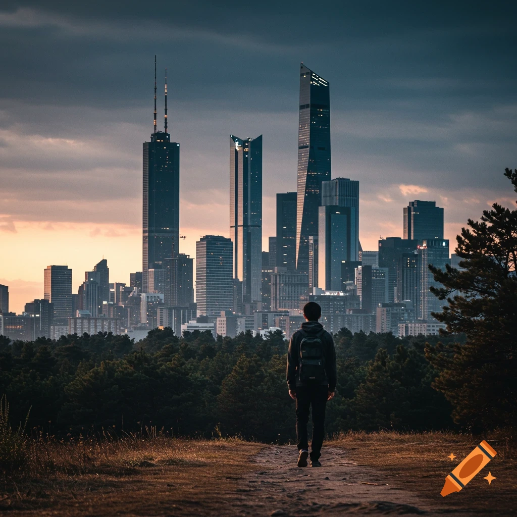 A person stands on a hill overlooking a vast, distant cityscape at dusk, with dark trees in the foreground.