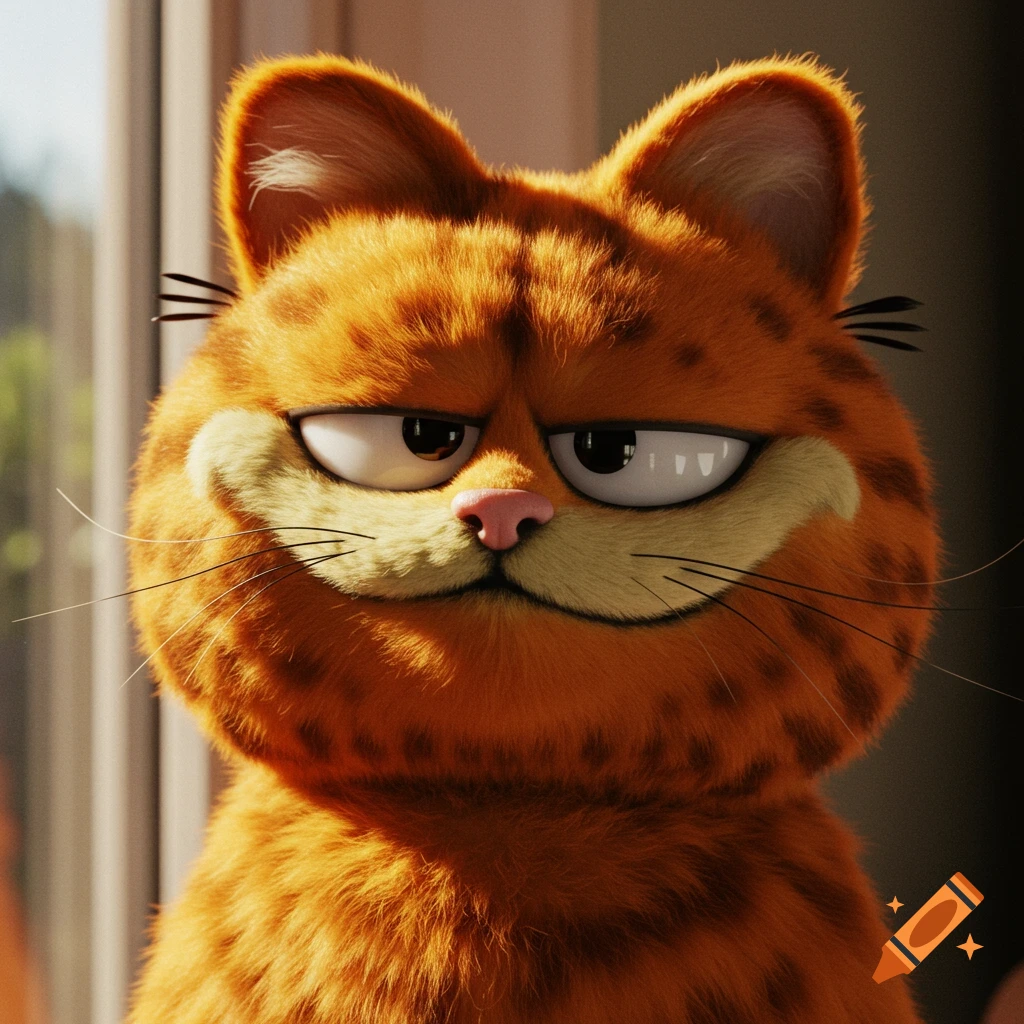 Close-up of a realistic rendering of Garfield's grumpy face.