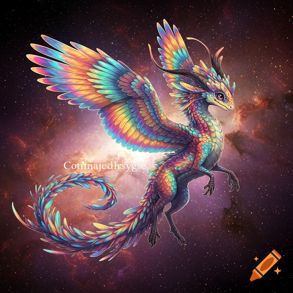 A vibrant rainbow-colored dragon flies through space, surrounded by stars and nebulae.