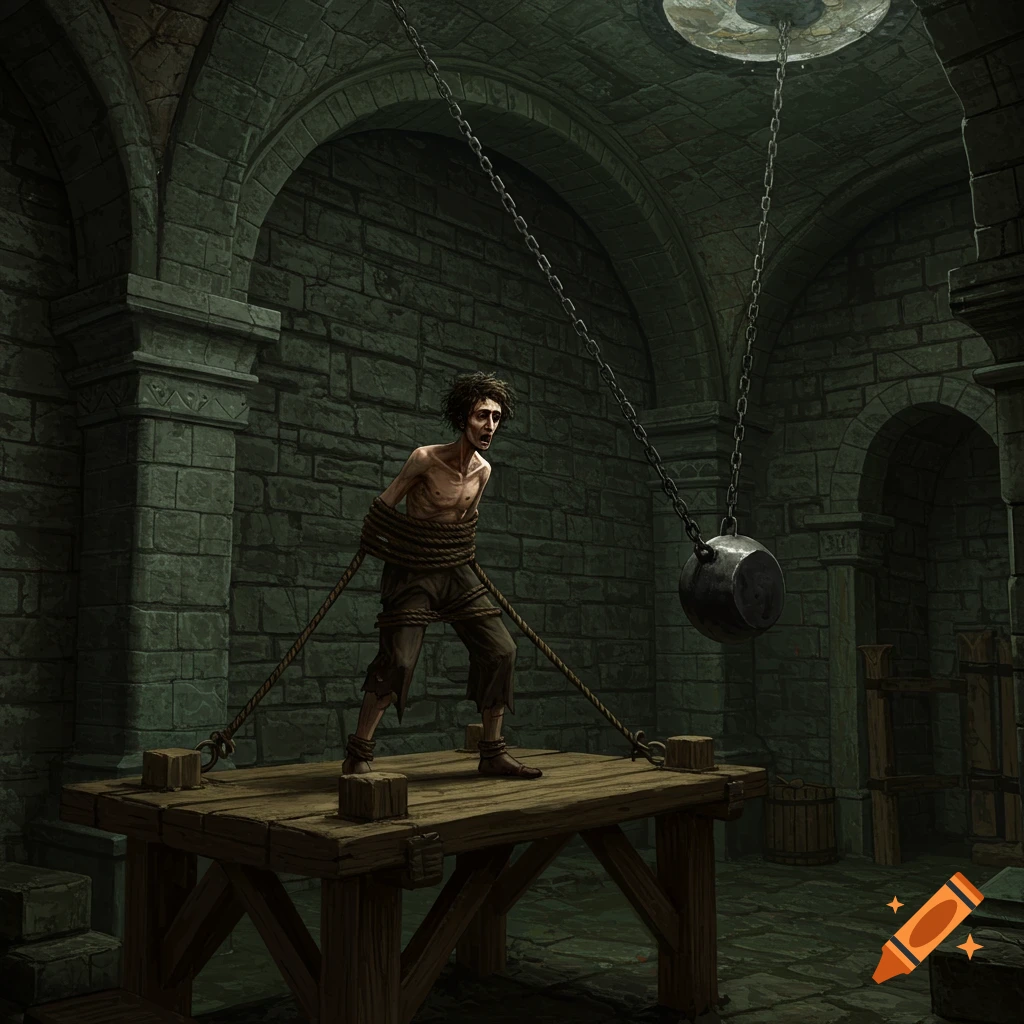A tied-up person stands on a wooden platform in a dark stone dungeon with a large pendulum hanging overhead.