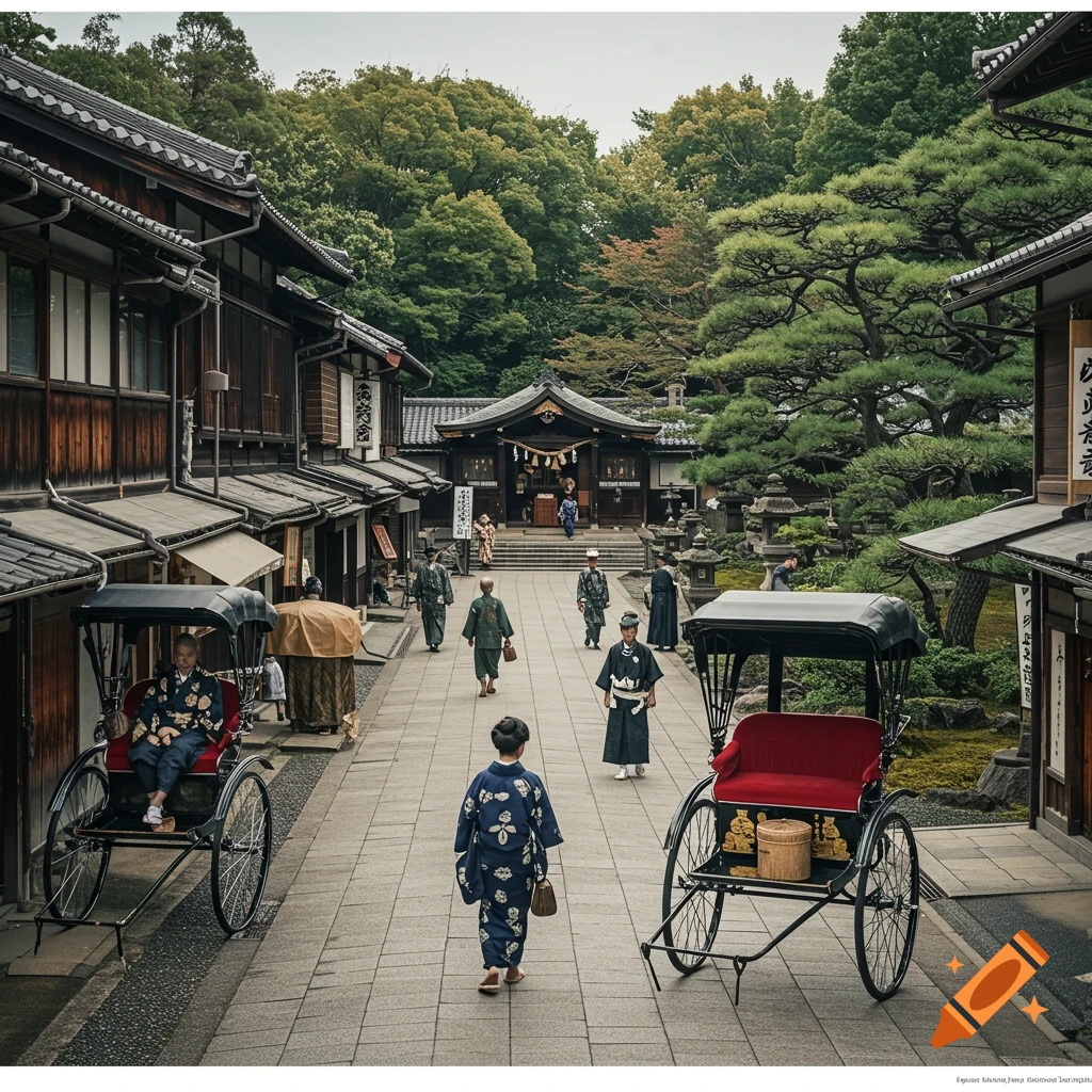 Street scene in historic Japan with people in traditional clothing, rickshaws, and traditional buildings leading to a temple.