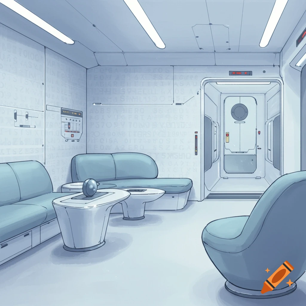 A futuristic room in the Frutiger Aero style with blue couches and tables, and walls covered in illegible text patterns.