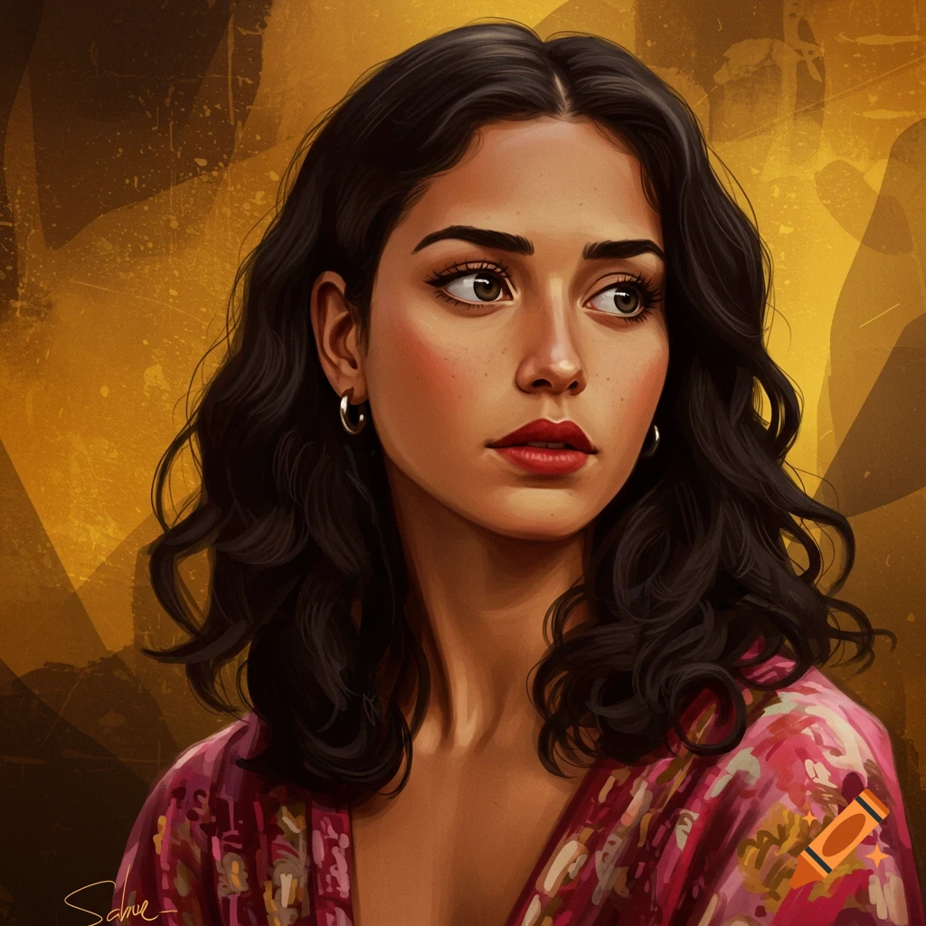 A woman with dark wavy hair, red lips, silver earrings, and a pink floral top against a golden background.