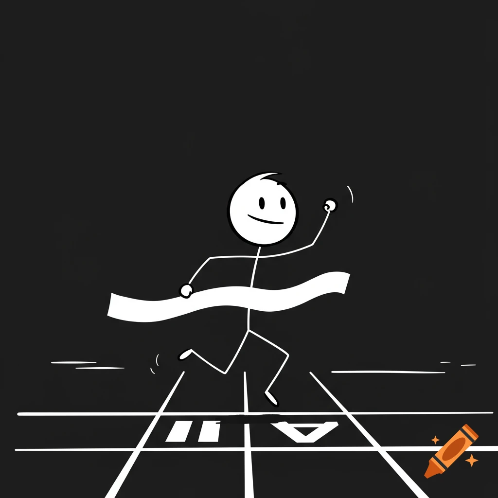 A black and white stick figure runs through a finish line tape.