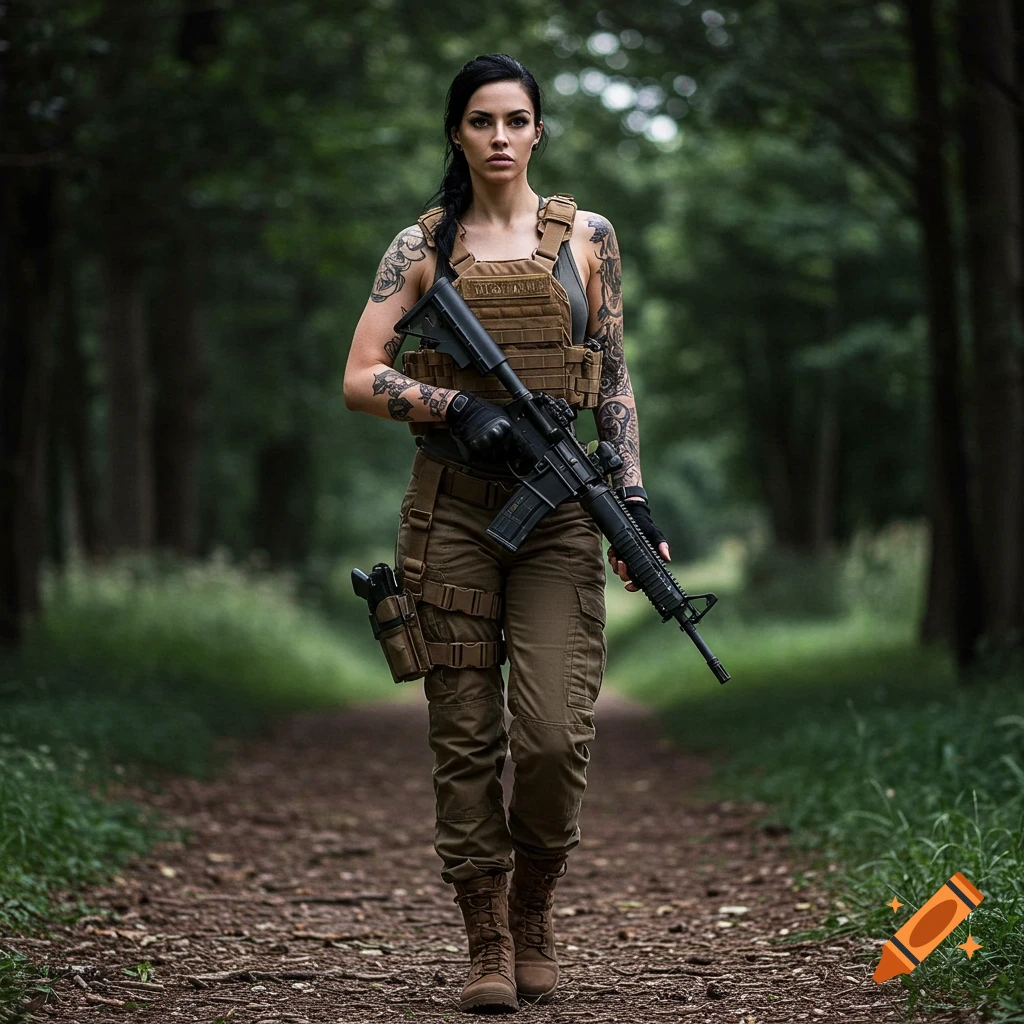 Woman in tactical gear with rifle walks through a forest.