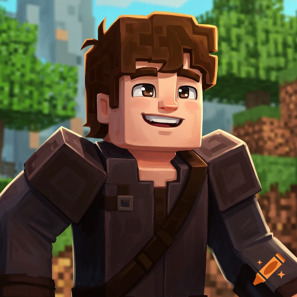 Smiling blocky character in Minecraft style armor in a landscape