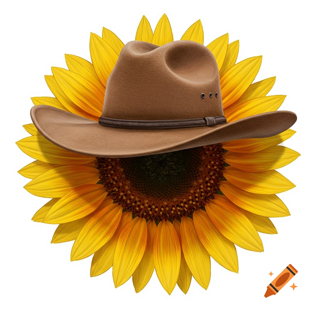 A brown cowboy hat sits on a yellow sunflower against a white background.
