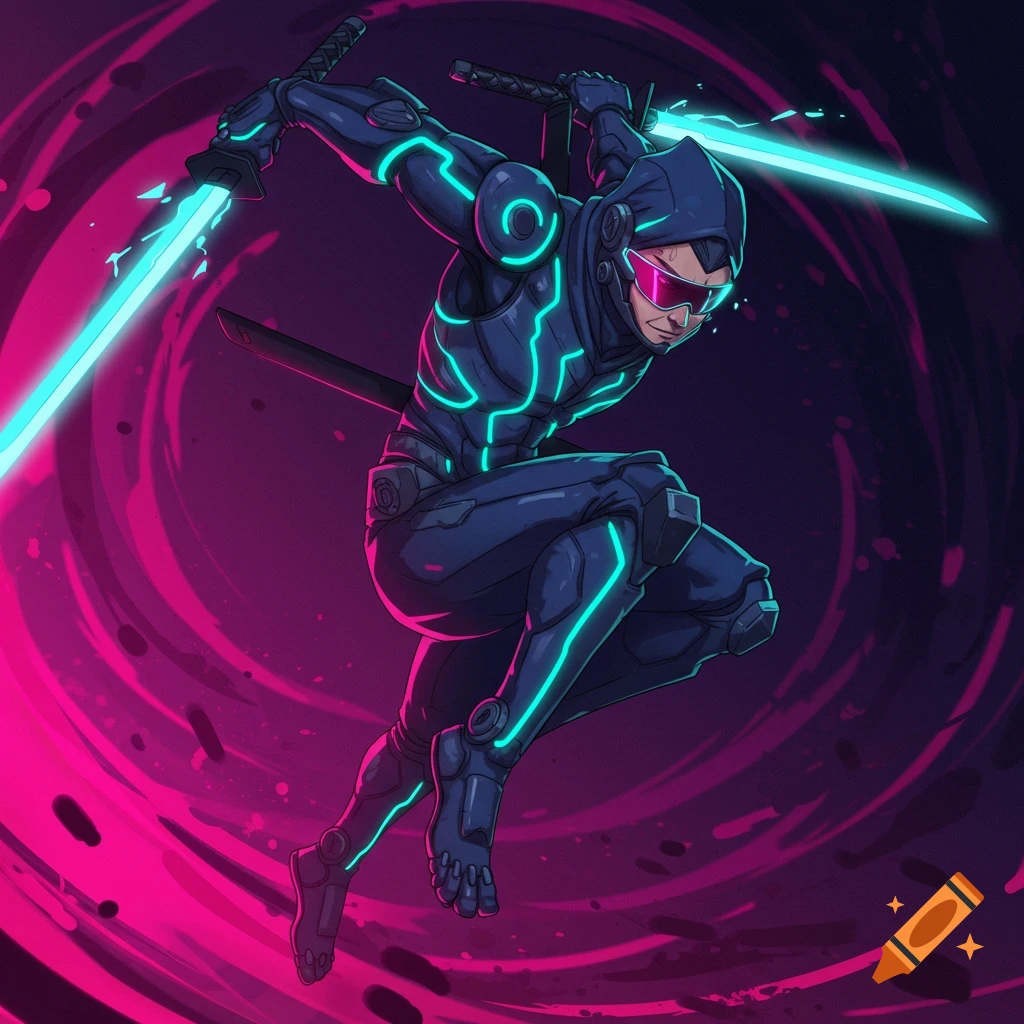 A stylized cybernetic ninja with glowing swords leaps in a dynamic pose.