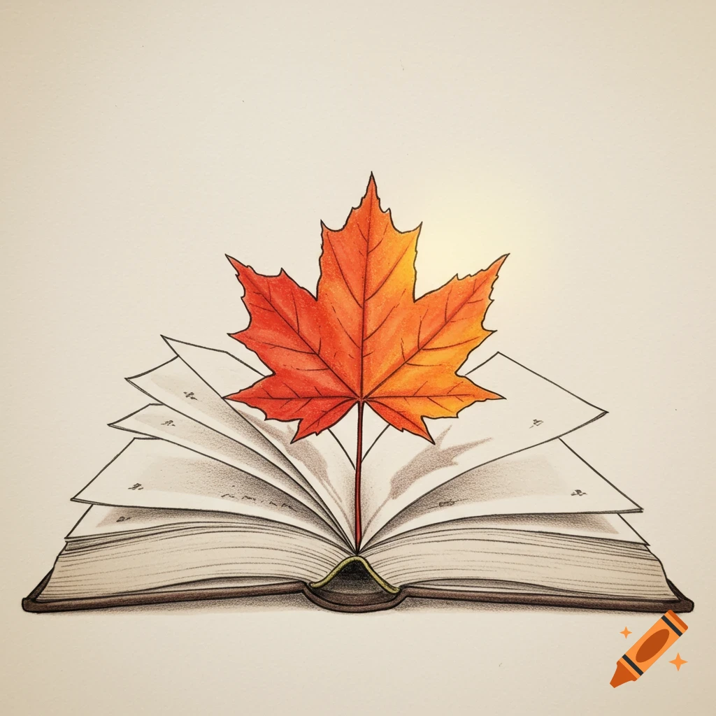 Sketch of an open book with a large red maple leaf growing from the center.