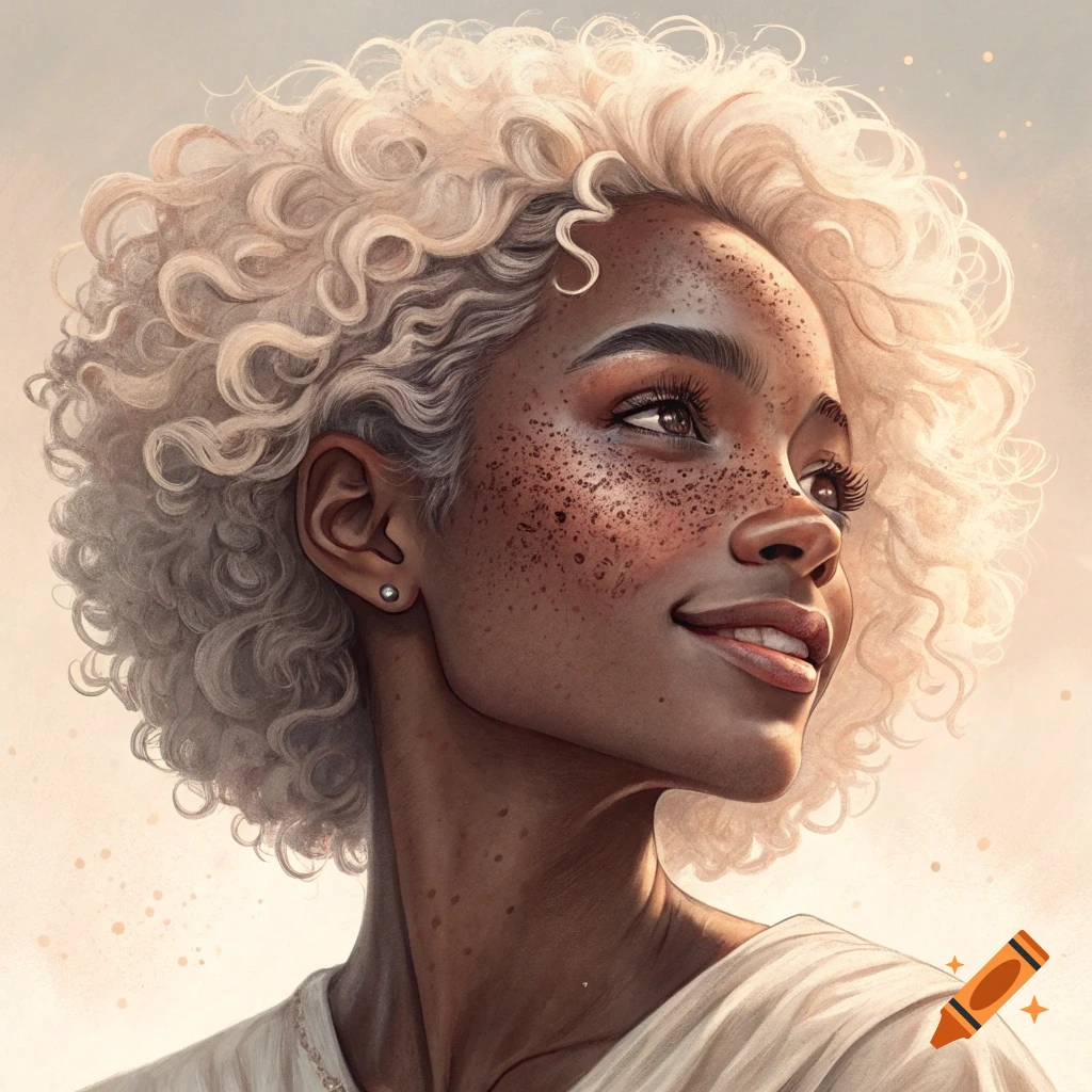 Close-up portrait of a smiling woman with light curly hair and freckles looking up.