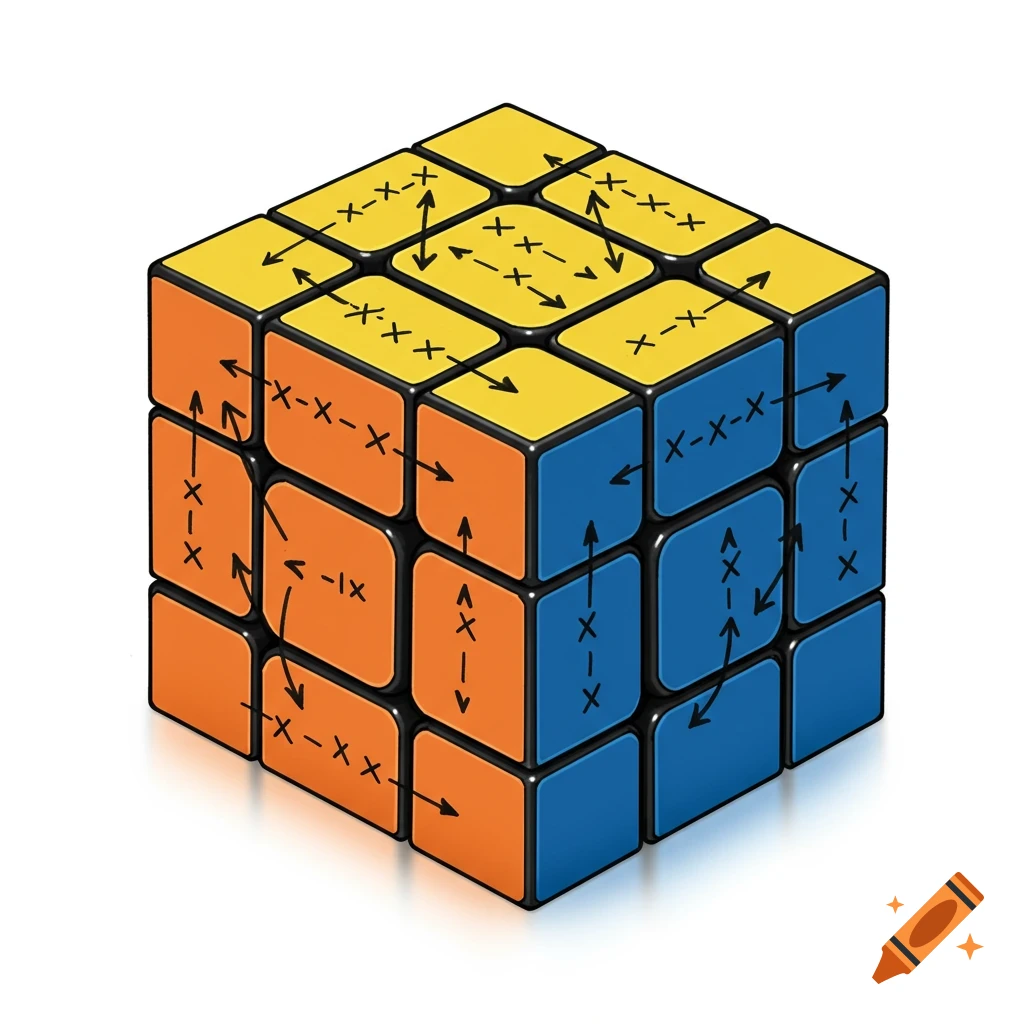 A 3D illustration of a Rubik's cube with yellow, orange, and blue faces, covered in black arrows and symbols representing notation.