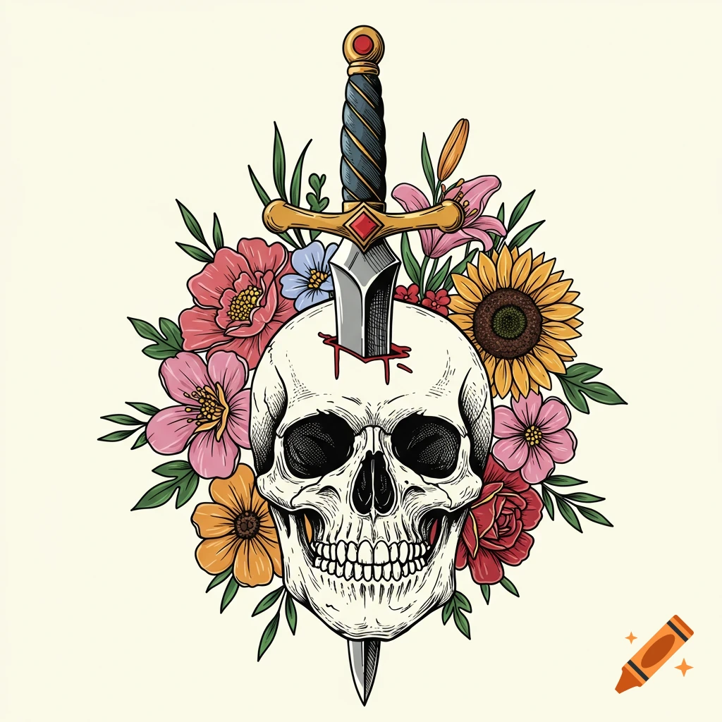 Illustration of a skull with a dagger through it, surrounded by colorful flowers.