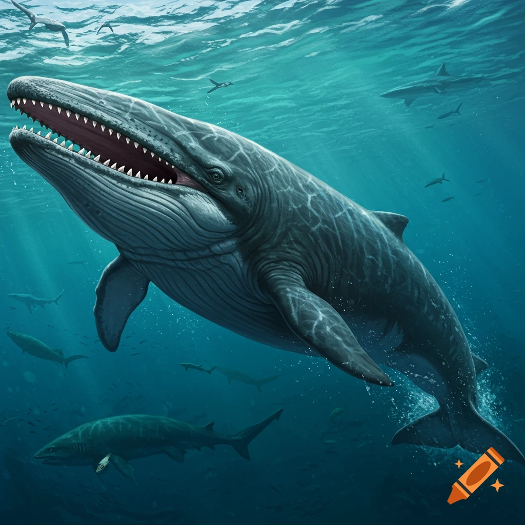 A large prehistoric whale (Livyatan) swimming underwater with sharks and pterodactyls.