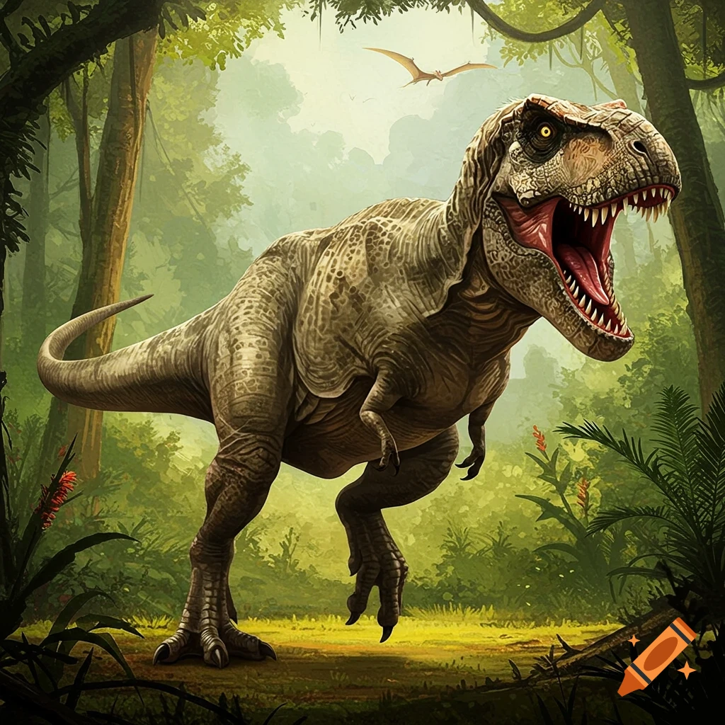 A T-Rex stands in a lush green jungle with its mouth open.