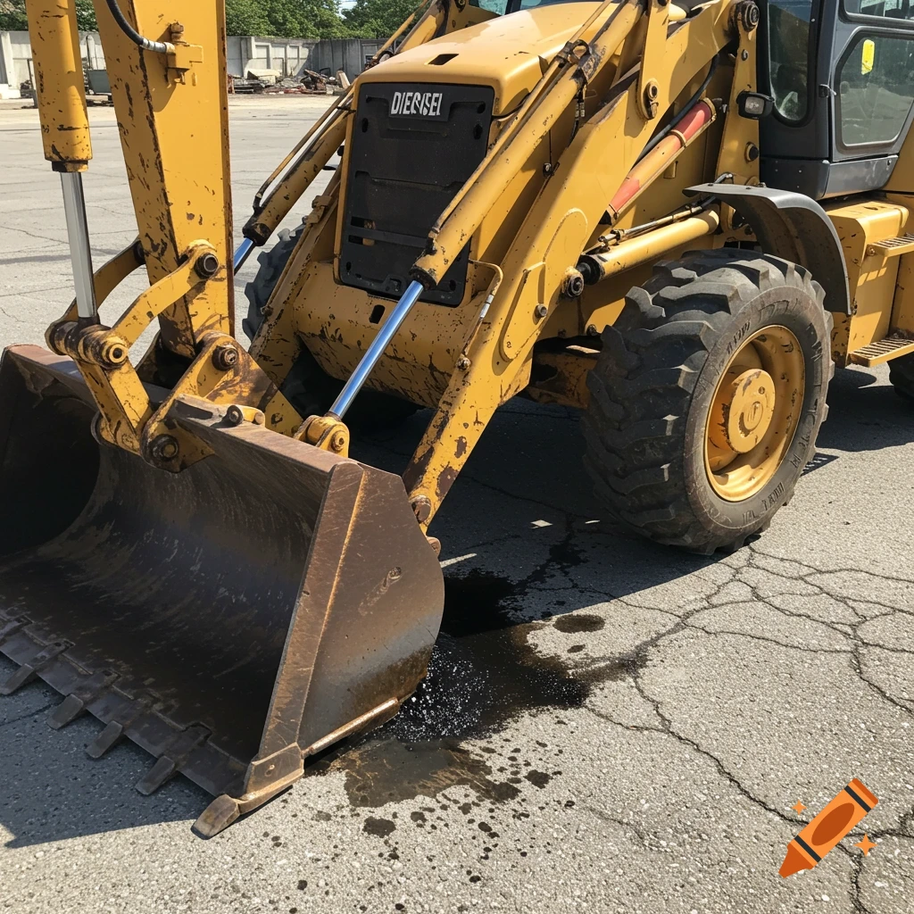A yellow backhoe is parked on cracked asphalt pavement, leaking dark fluid onto the ground from under the engine compartment.