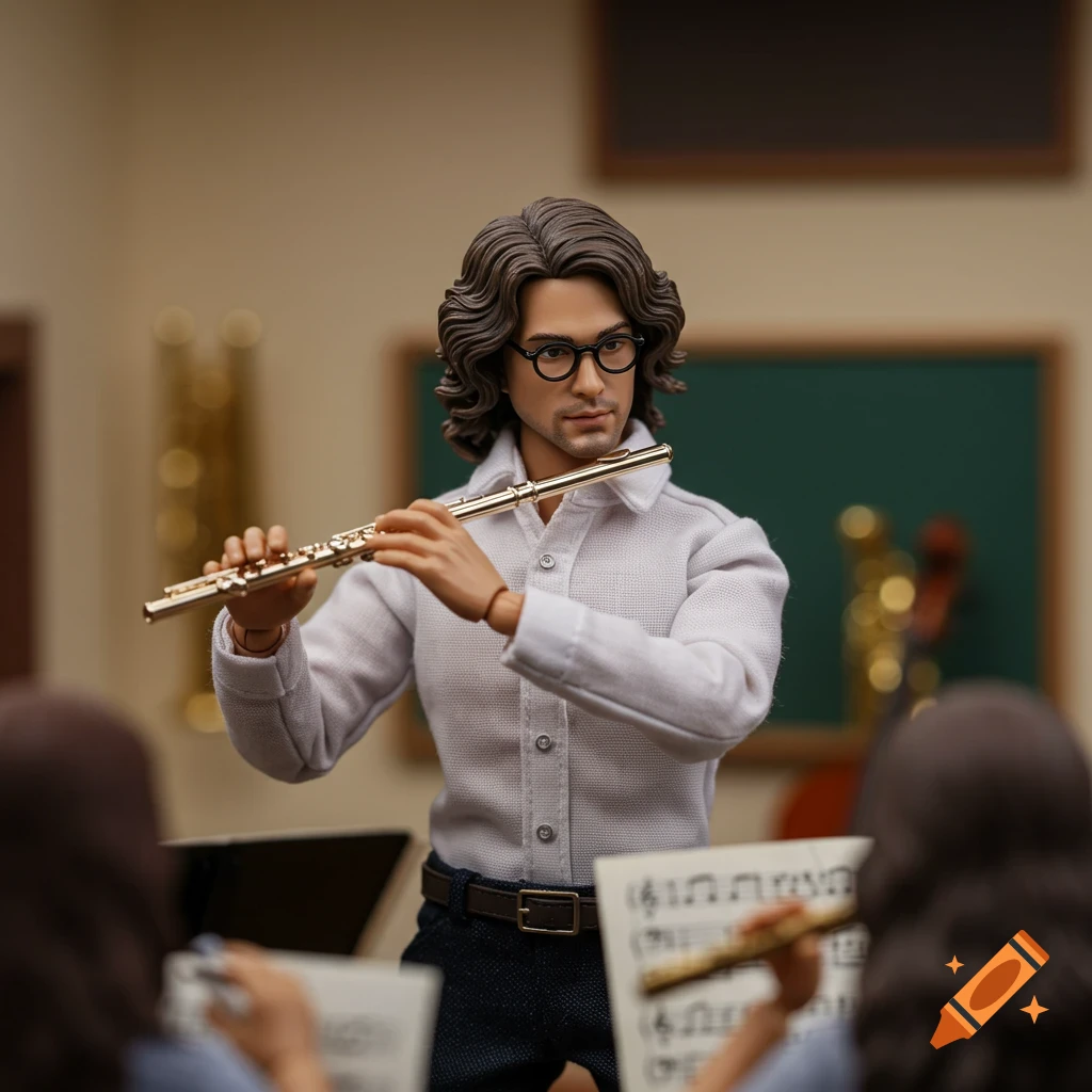 Action figure of a flute teacher with glasses playing a flute in a classroom