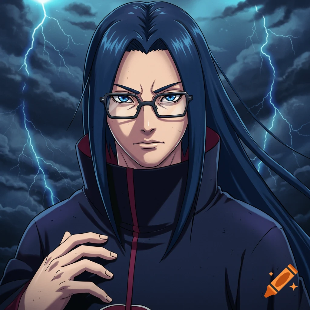 Anime portrait of a man with long blue hair and glasses in a dark cloak, against a stormy sky with lightning.