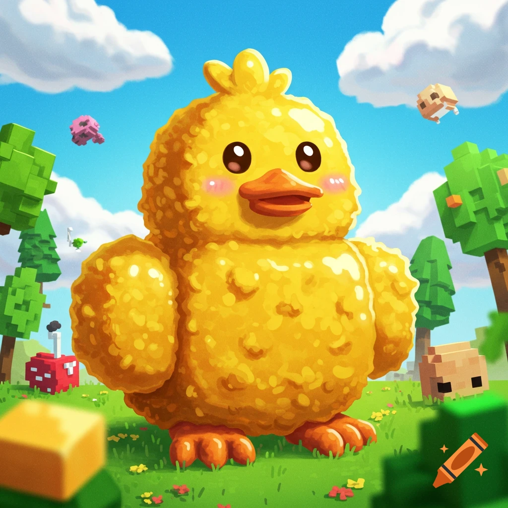 A cute cartoon chicken nugget character standing in a blocky green landscape with trees, clouds, and blocky animals.