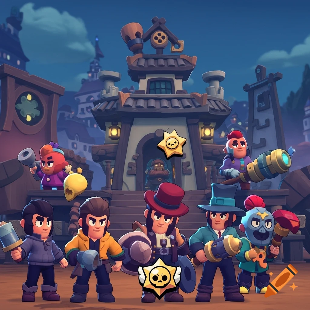 Brawl Stars characters standing in front of a building at night