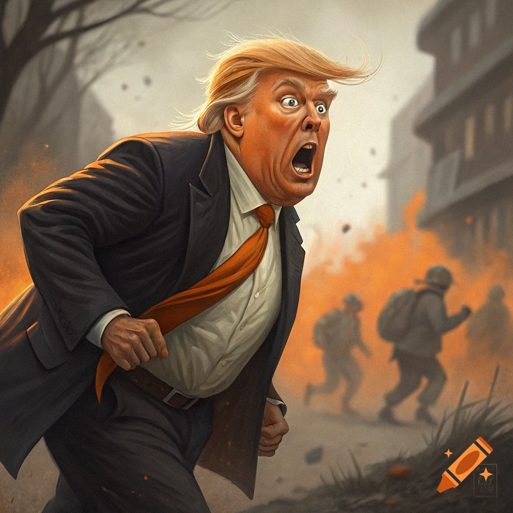 Illustration of Donald Trump looking scared and running away from an explosion with soldiers in the background.