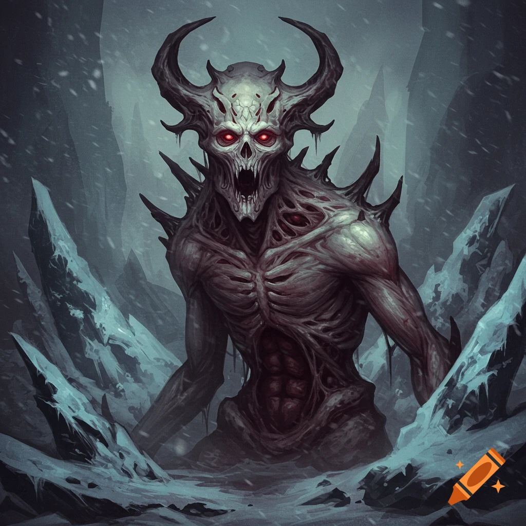 A monstrous creature with horns and exposed ribs stands in a snowy, icy landscape.