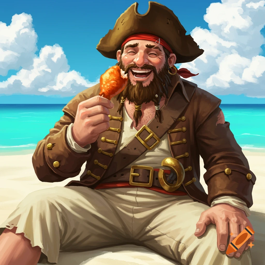 A cheerful pirate sits on a beach eating a chicken wing.