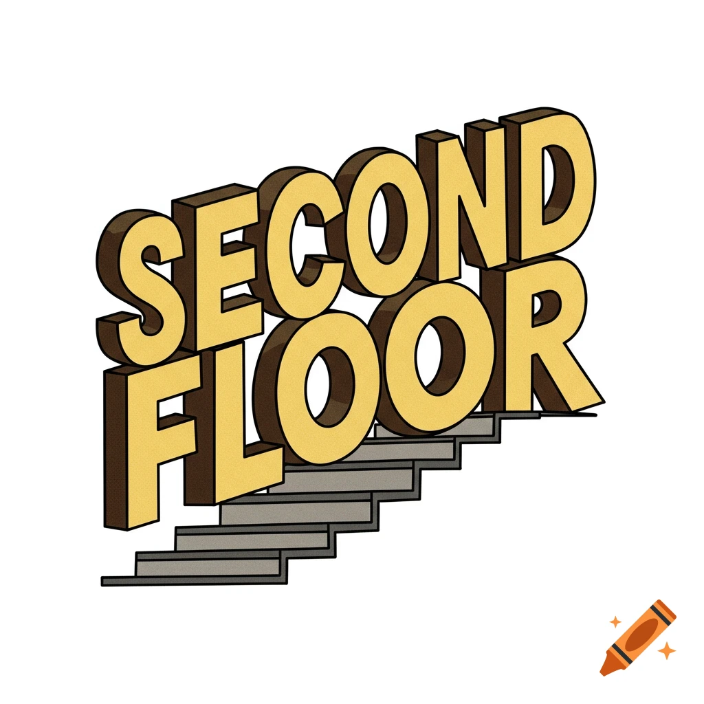 3D graphic illustration of the words SECOND FLOOR stacked, with a staircase below.