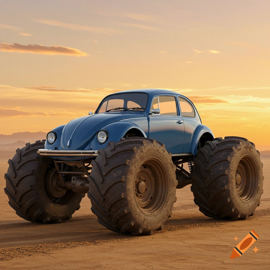 Blue Volkswagen Beetle monster truck on a dirt road at sunset.