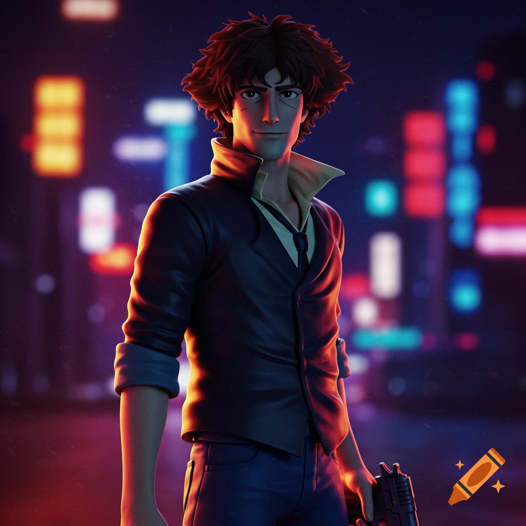3D render of a character resembling Spike Spiegel standing in a blurry cyberpunk city, holding a gun.