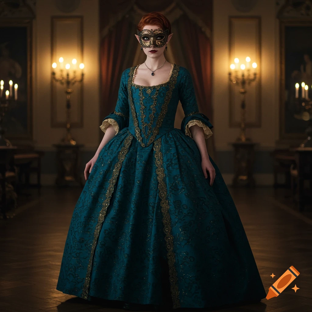 A woman with elf ears in a blue 18th-century ballgown and masquerade mask stands in a grand room.