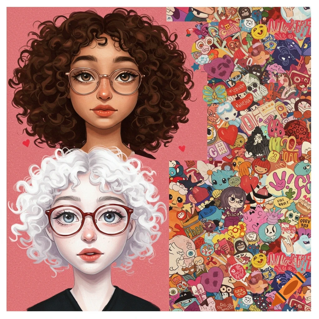 Stylized illustration of two girls with curly hair and glasses over a colorful collage of stickers and doodles.