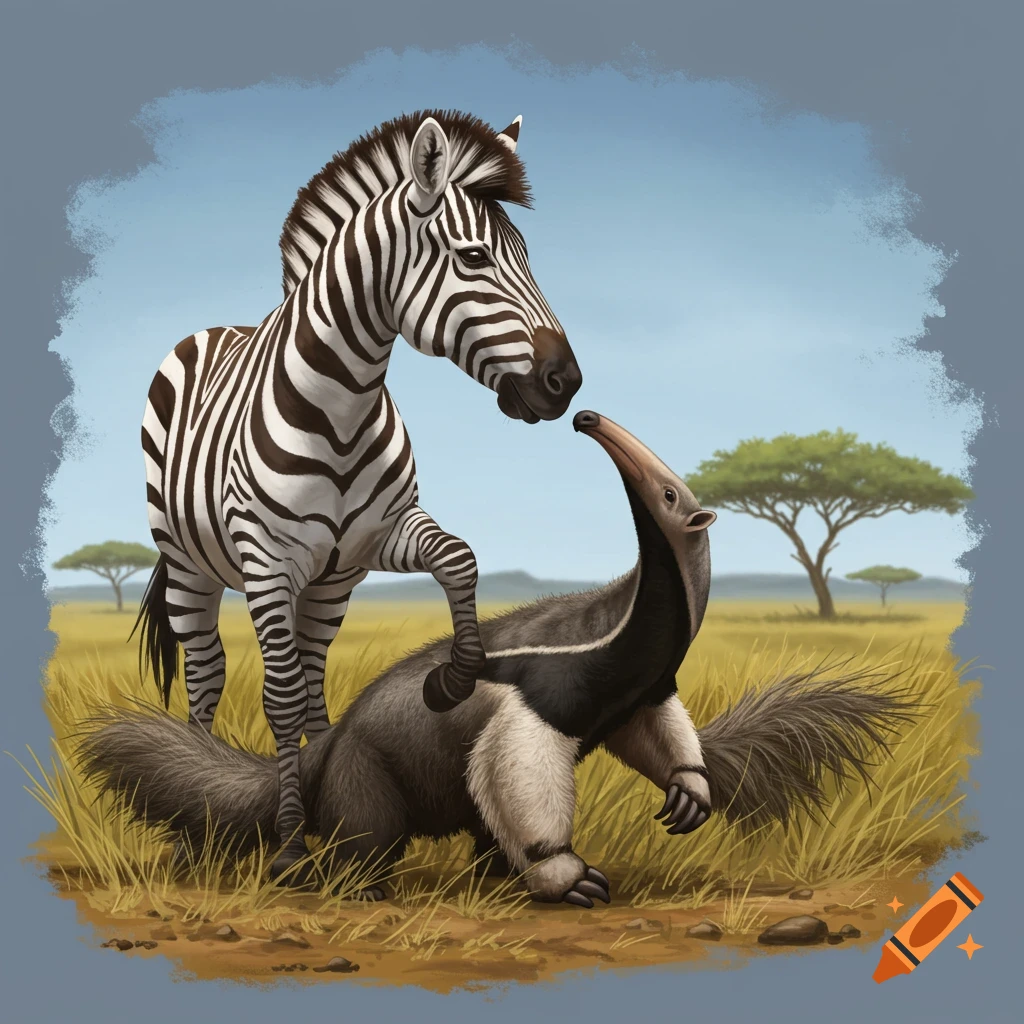 A zebra is standing over an anteater in a savanna.