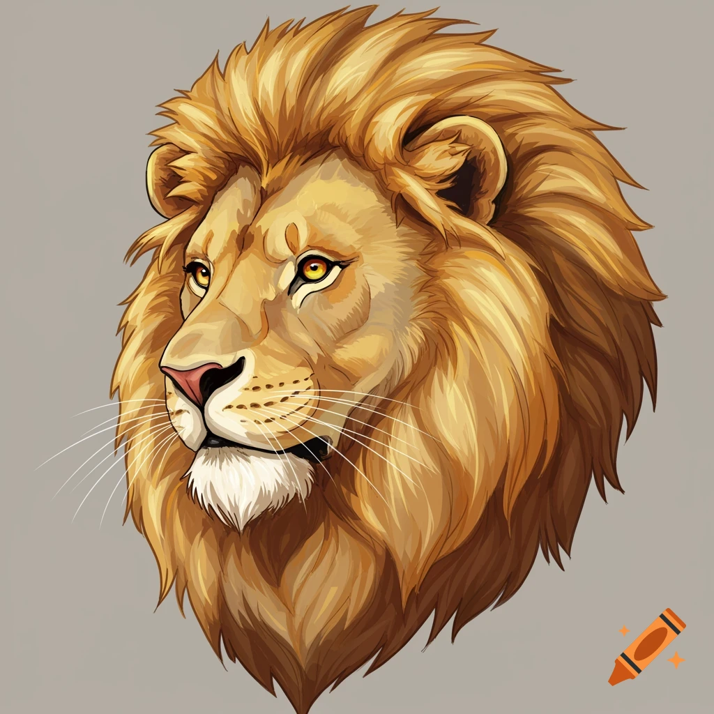 A lion's head and mane looking left against a grey background.