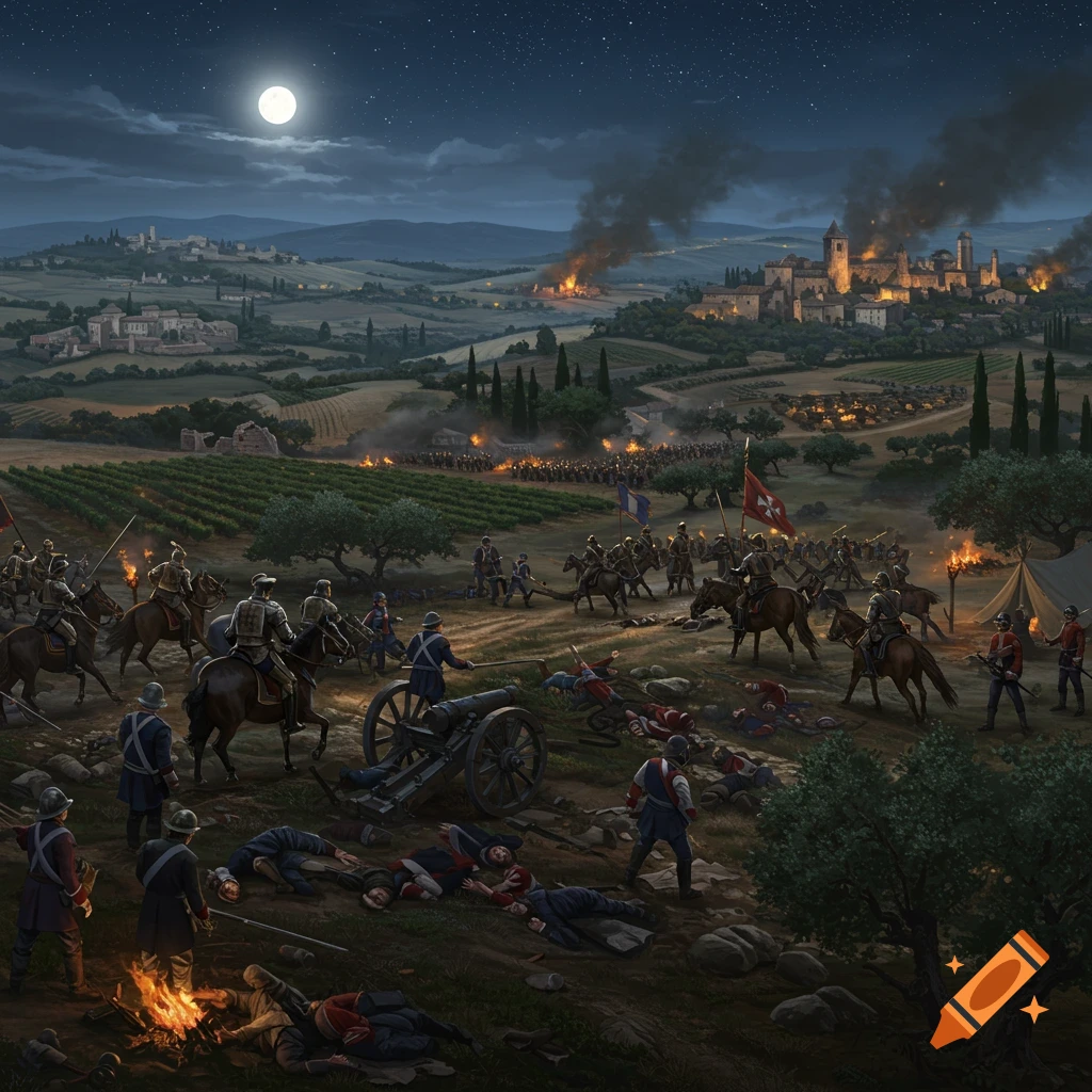 A historical battle scene at night with soldiers, cavalry, cannon, burning buildings, and a full moon.