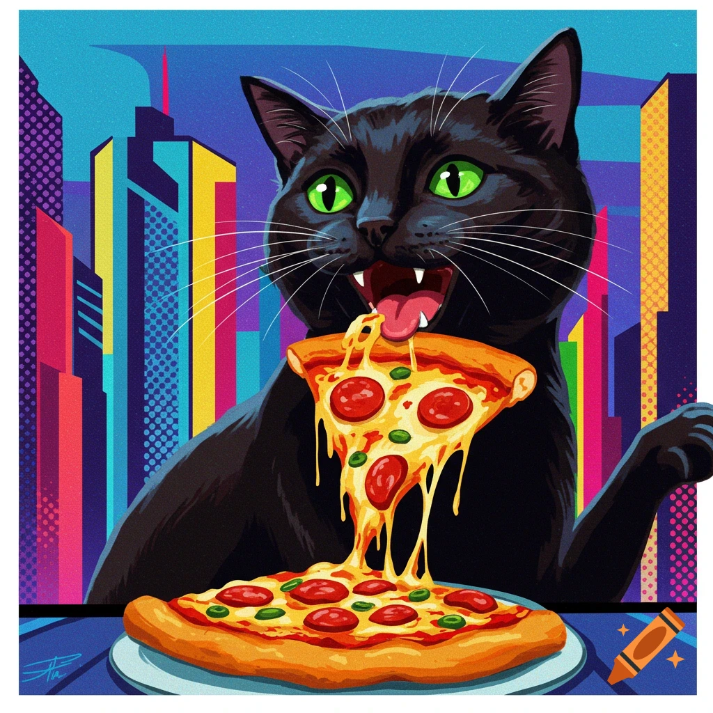 A black cat eating a slice of pepperoni pizza with a colorful city skyline in the background.