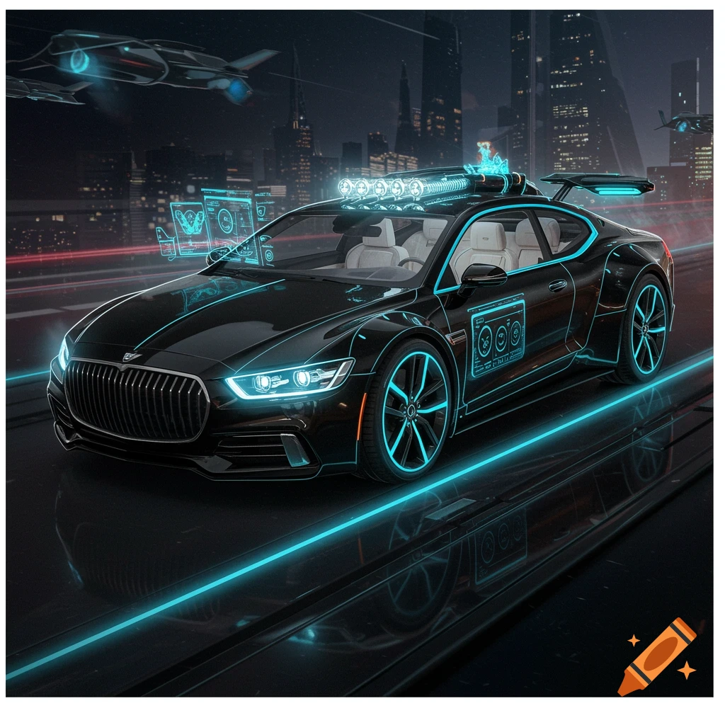 A futuristic black car with glowing neon accents drives on a road in a cybernetic cityscape at night with flying vehicles.