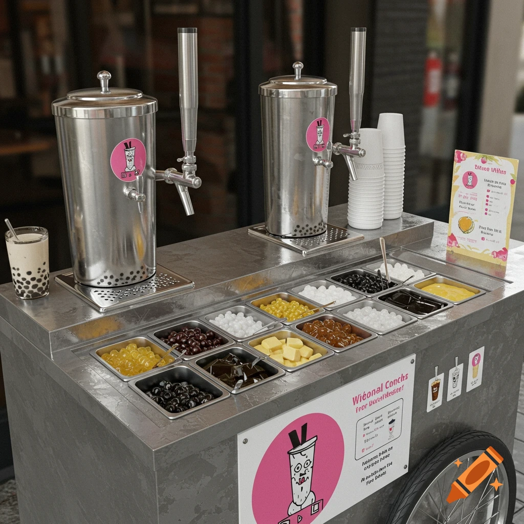 A photorealistic image of a bubble tea cart with taps, various toppings, and a finished drink.