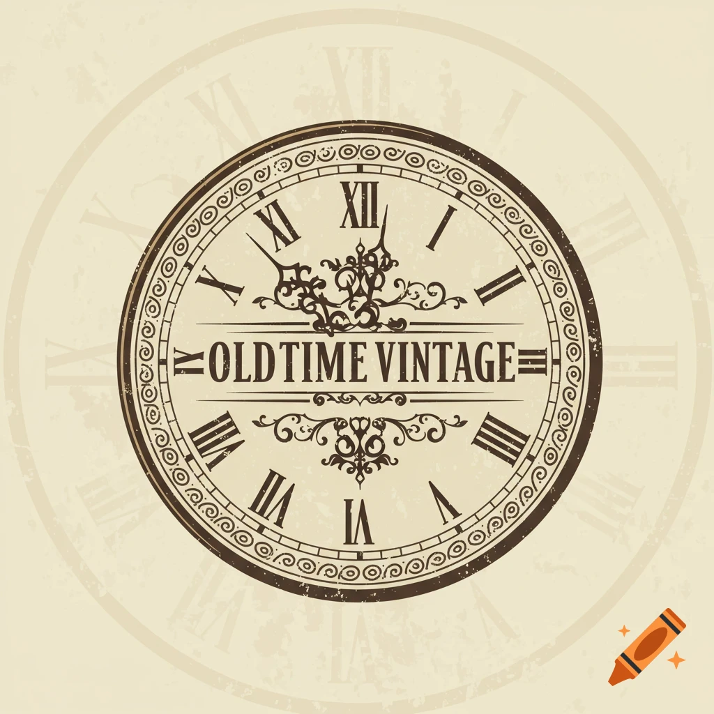 A vintage circular logo featuring a clock face with Roman numerals and the text "OLDTIME VINTAGE".